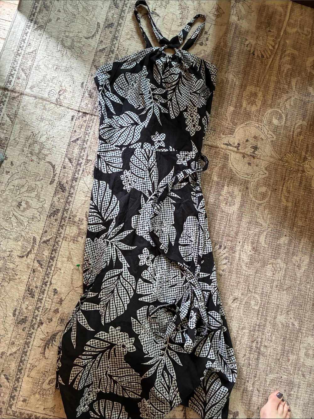 Oz&Ali Navy & White CottonTropical Print Sun Dress with halter top ring